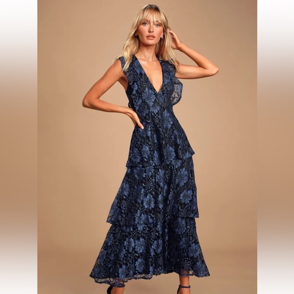 Lulus | Dresses | Molinetto Navy Blue Lace Ruffled Tiered Sleeveless